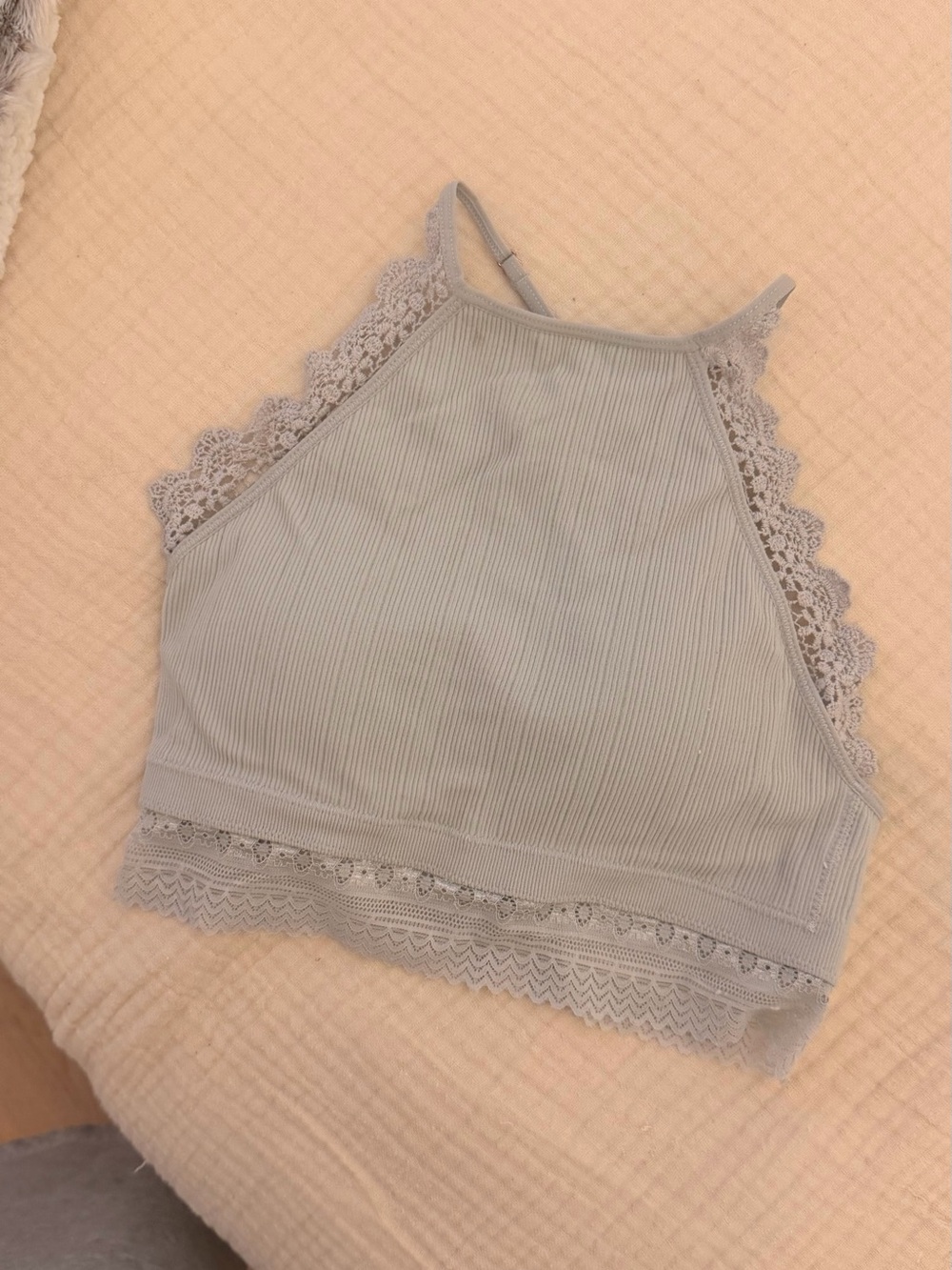 Lace-Trim Ribbed Bralette Top - Light Gray